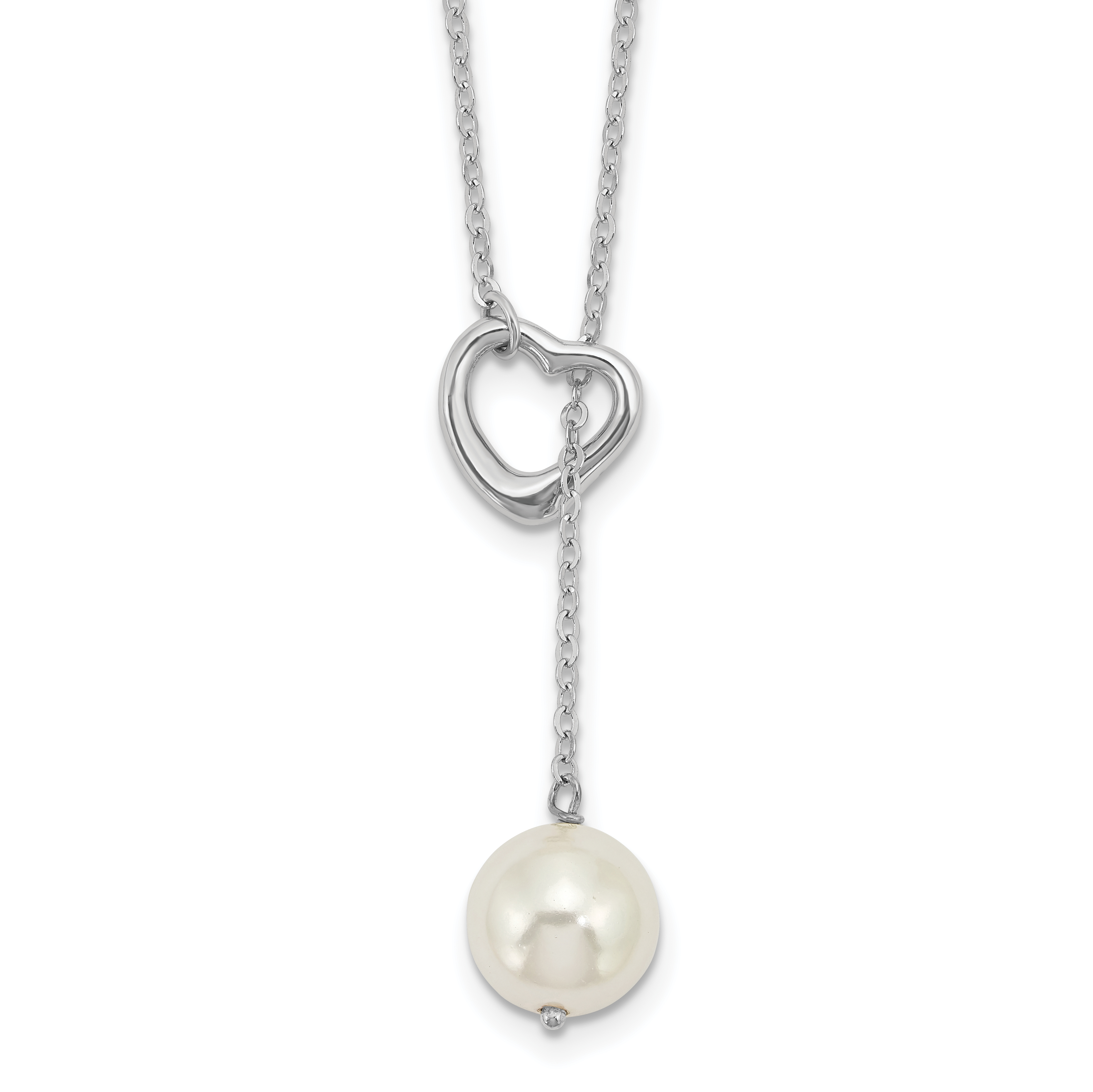 Sterling Silver Rhodium-plated 10-11mm White Round Imitation Shell Pearl Heart 18 inch Necklace (QH5664-18)