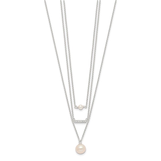 Sterling Silver Rhodium-plated Multi Strand CZ and Glass Pearl Necklace