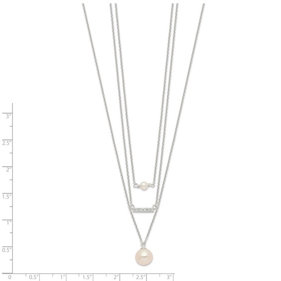 Sterling Silver Rhodium-plated Multi Strand CZ and Glass Pearl Necklace