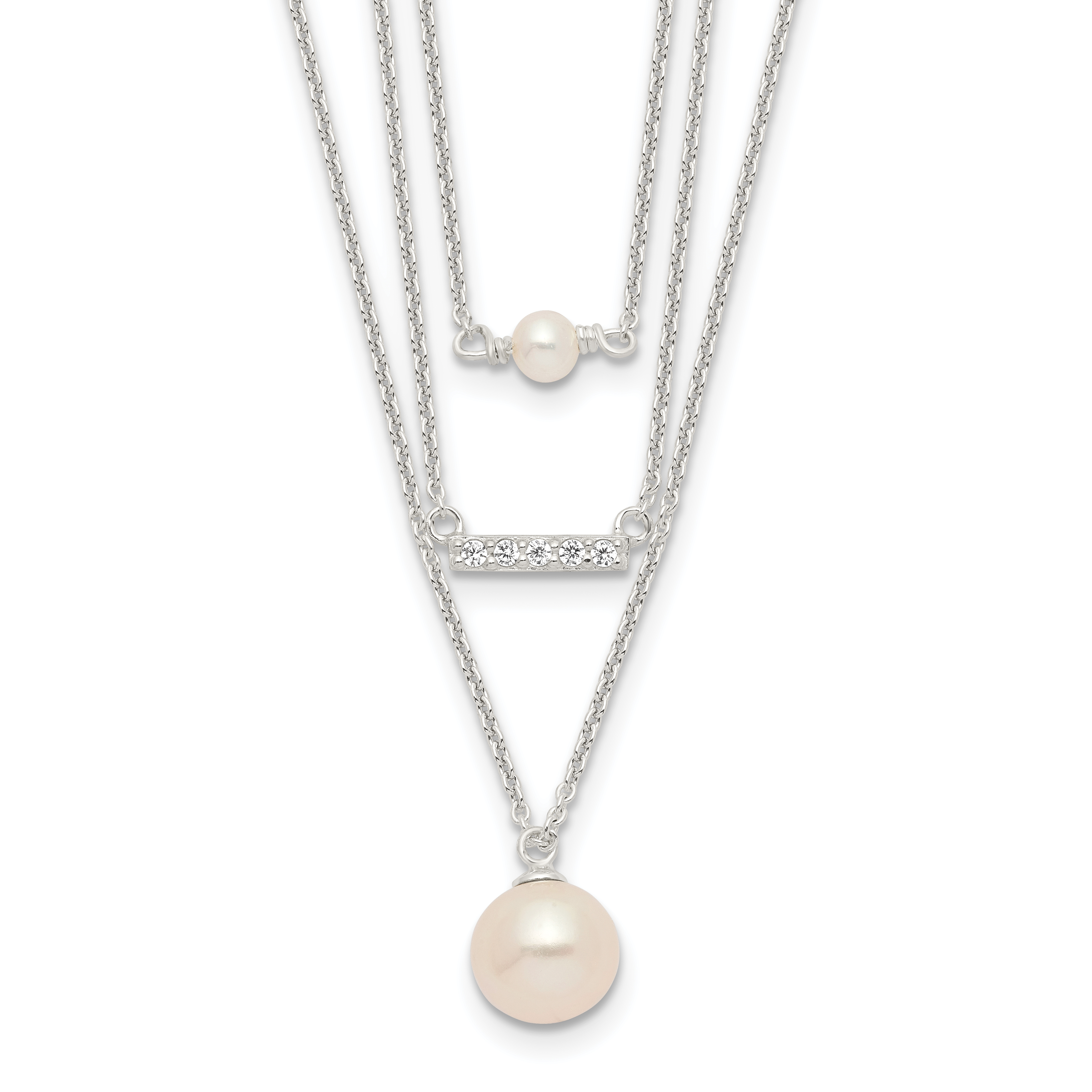 Sterling Silver Rhodium-plated Multi Strand CZ and Glass Pearl Necklace (QH5665-18)