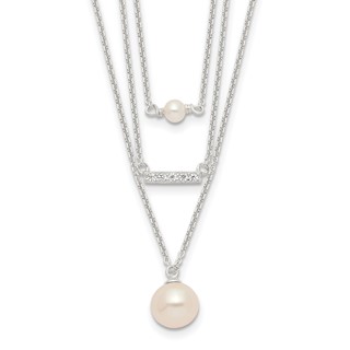 Sterling Silver Rhodium-plated Multi Strand CZ and Glass Pearl Necklace
