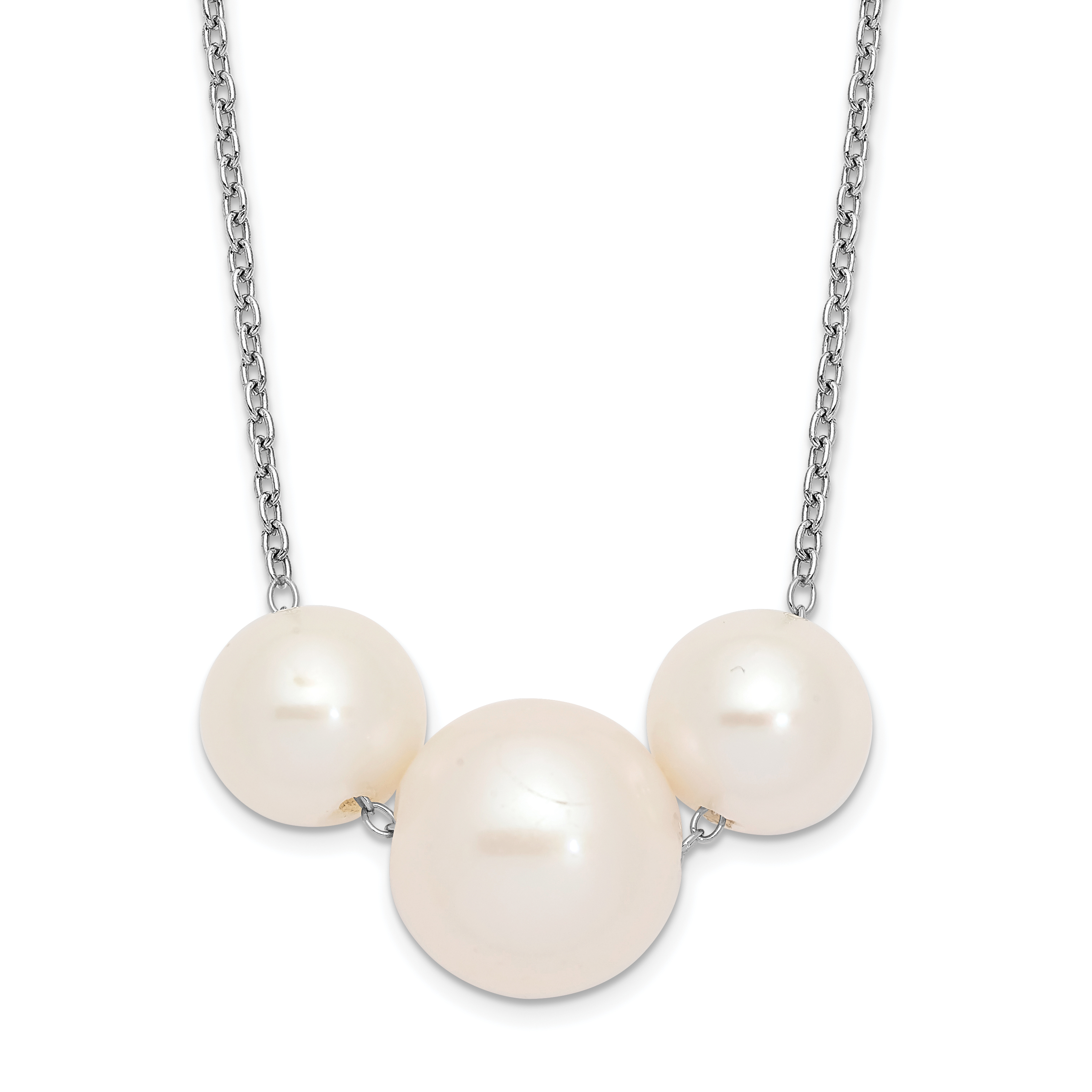 Sterling Silver Rhodium-plated 8-10mm White Near-Round Freshwater Cultured Pearl 17 inch Necklace (QH5667-17)