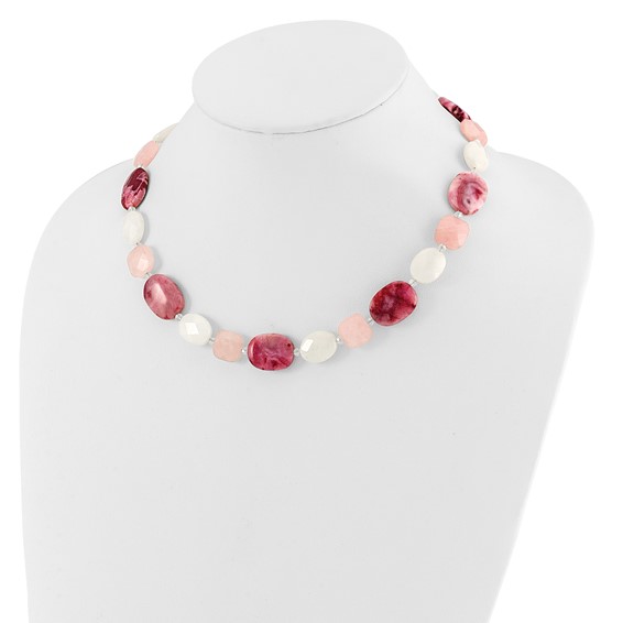 Sterling Silver Pink Agate/Quartz, Jade, Crystal w/2in ext Necklace