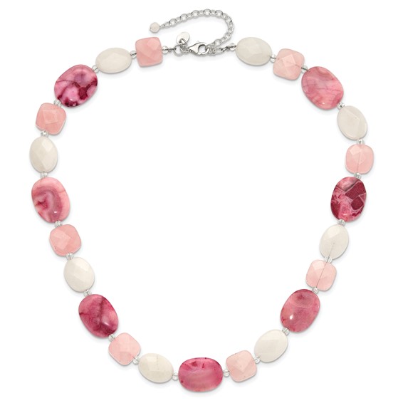 Sterling Silver Pink Agate/Quartz, Jade, Crystal w/2in ext Necklace
