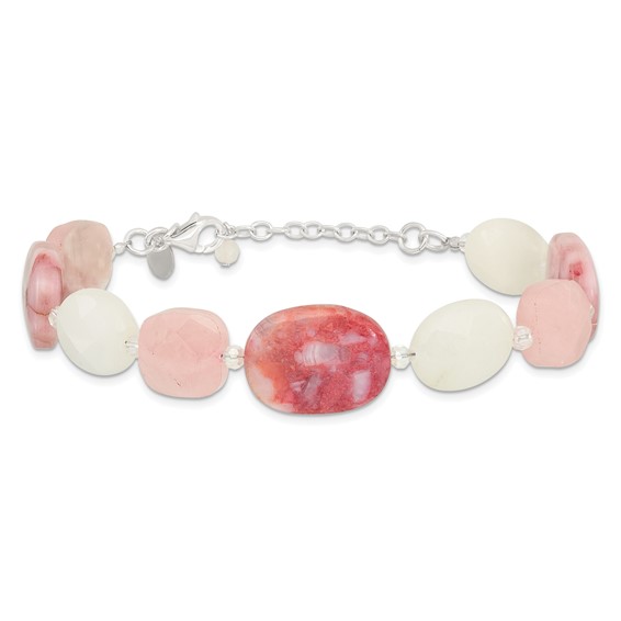 Sterling Silver Pink Agate/Quartz, Jade, Crystal w/1in ext Bracelet