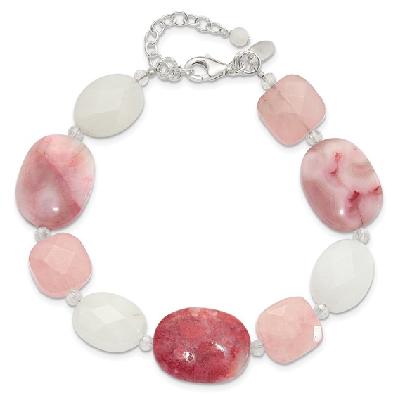 Sterling Silver Pink Agate/Quartz, Jade, Crystal w/1in ext Bracelet
