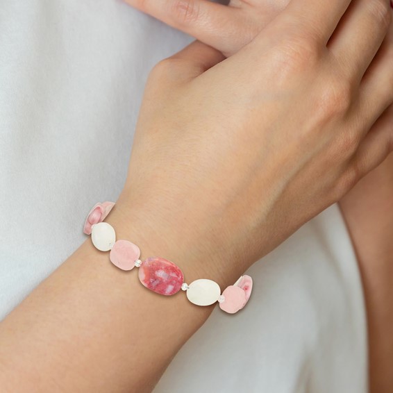 Sterling Silver Pink Agate/Quartz, Jade, Crystal w/1in ext Bracelet