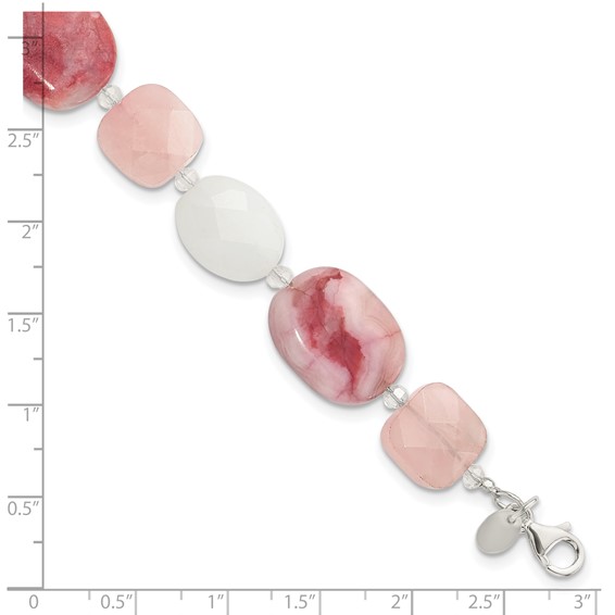 Sterling Silver Pink Agate/Quartz, Jade, Crystal w/1in ext Bracelet