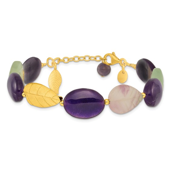 Sterling Silver Gold-plated Amethyst/Fluorite/Jade 1in ext. Bracelet