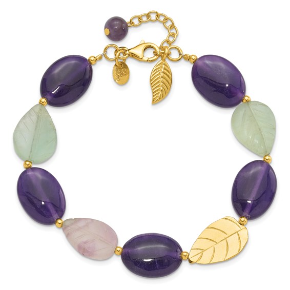 Sterling Silver Gold-plated Amethyst/Fluorite/Jade 1in ext. Bracelet