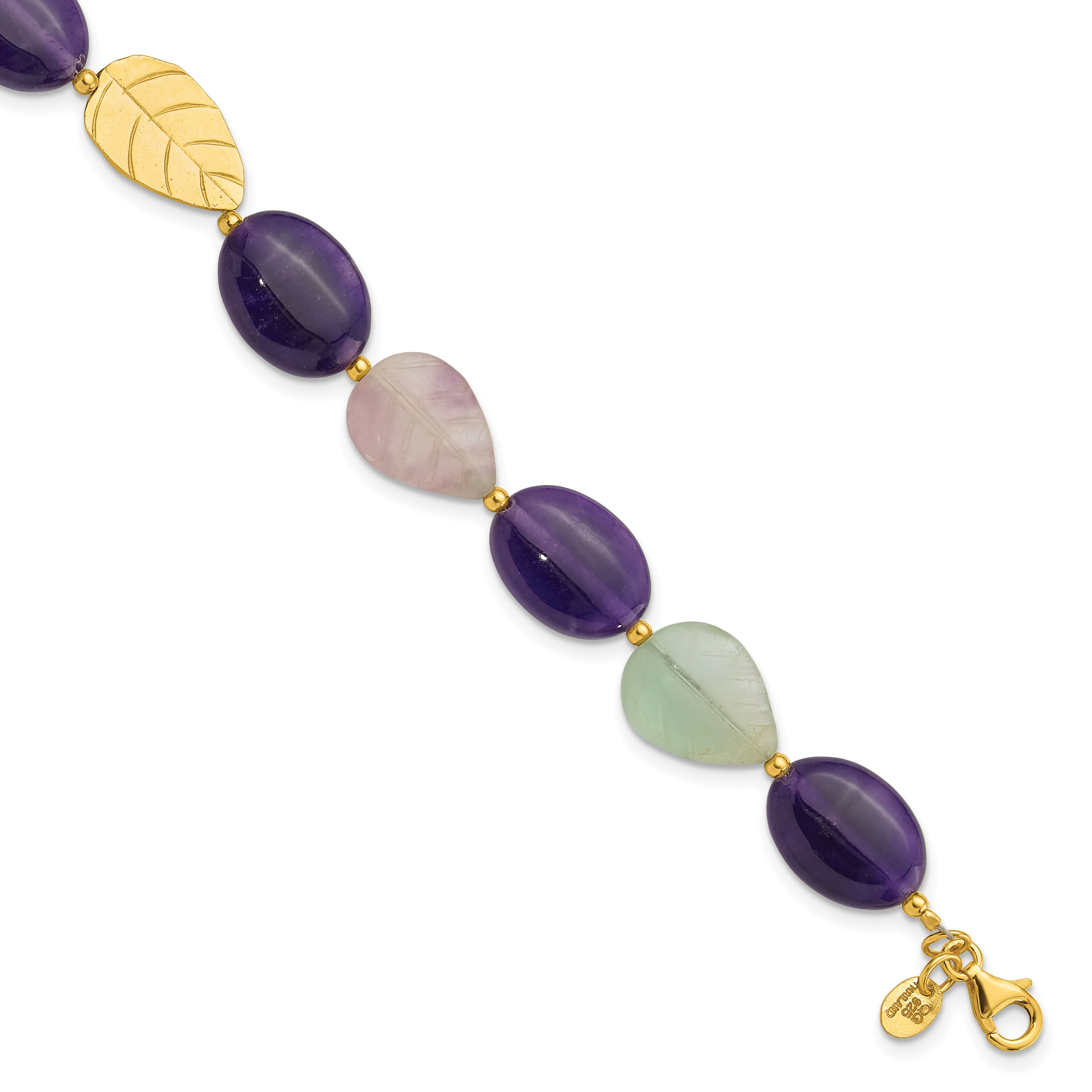 Sterling Silver Gold-plated Amethyst/Fluorite/Jade 1in ext. Bracelet (QH5673-8)