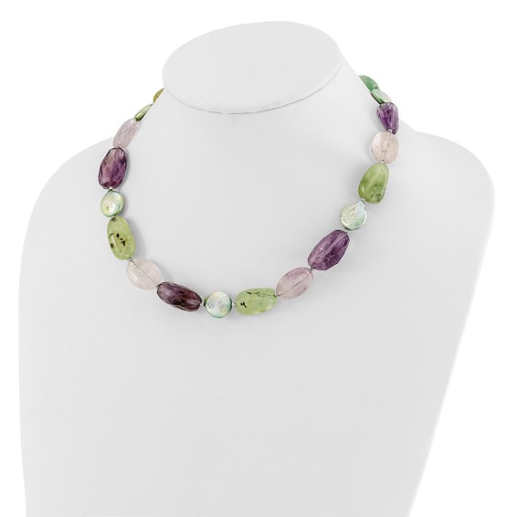 Sterling Silver Amethyst, Green Pearl and Prehnite 2in ext Necklace