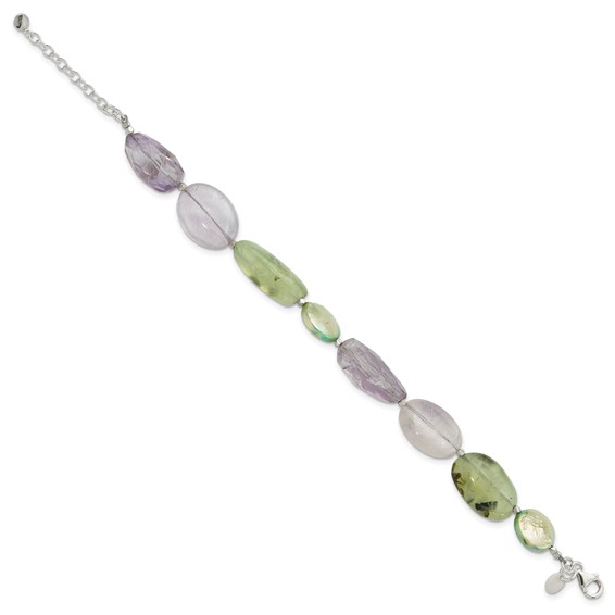 Sterling Silver Amethyst, Green Pearl, Prehnite 1in ext Bracelet