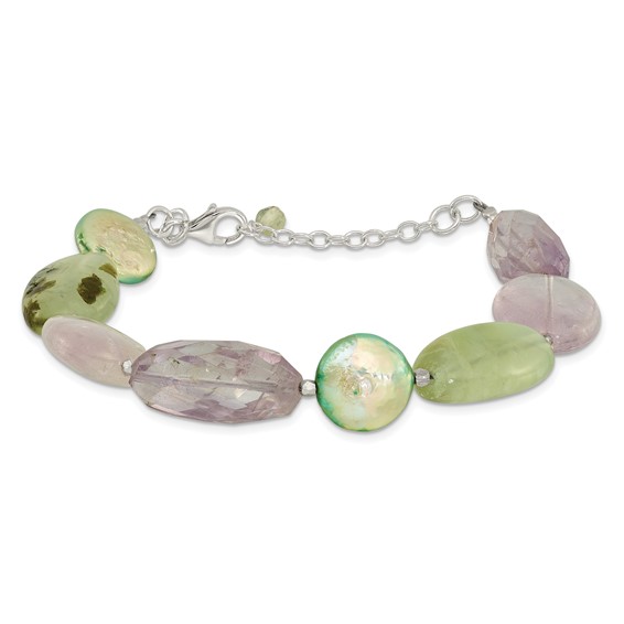Sterling Silver Amethyst, Green Pearl, Prehnite 1in ext Bracelet