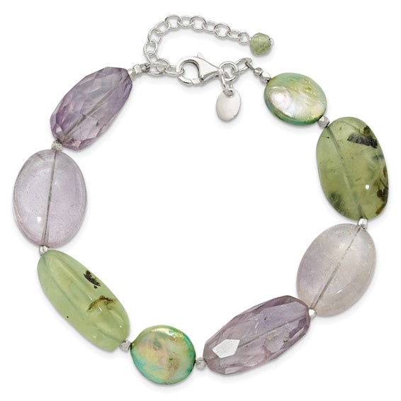 Sterling Silver Amethyst, Green Pearl, Prehnite 1in ext Bracelet