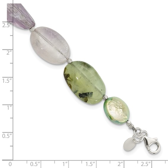 Sterling Silver Amethyst, Green Pearl, Prehnite 1in ext Bracelet