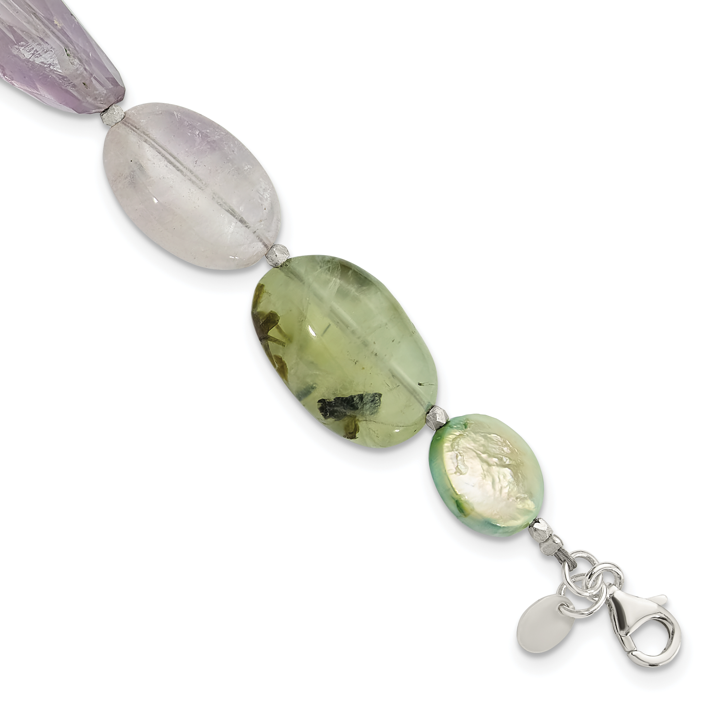 Sterling Silver Amethyst, Green Pearl, Prehnite 1in ext Bracelet (QH5675-7.75)