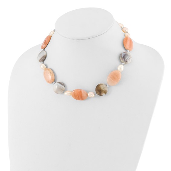 Sterling Silver Aventurine,Crystal and FWC Pearl w/2in ext Necklace