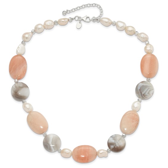 Sterling Silver Aventurine,Crystal and FWC Pearl w/2in ext Necklace
