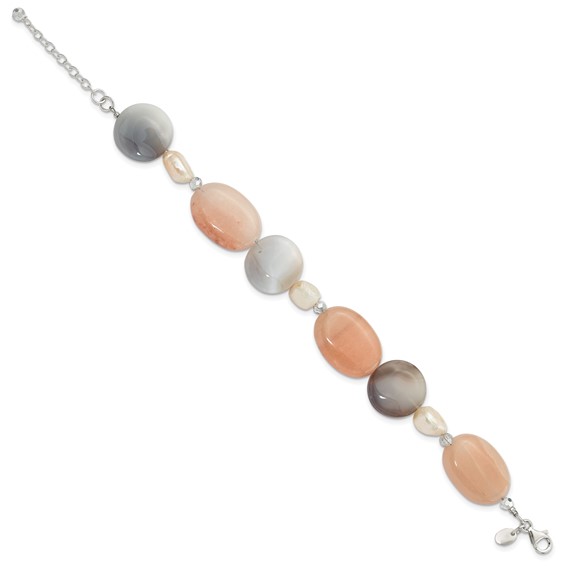 Sterling Silver Agate, Aventurine, Crystal and FWC Pearl w/1in ext Bracelet