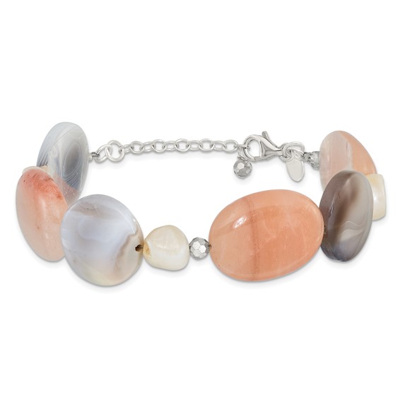 Sterling Silver Agate, Aventurine, Crystal and FWC Pearl w/1in ext Bracelet