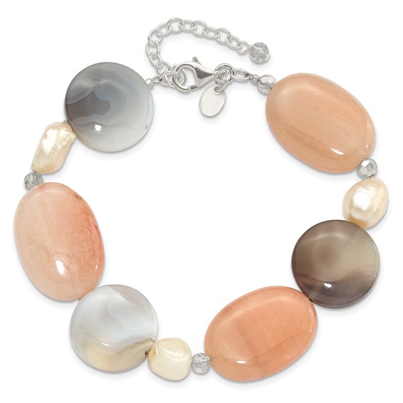 Sterling Silver Agate, Aventurine, Crystal and FWC Pearl w/1in ext Bracelet