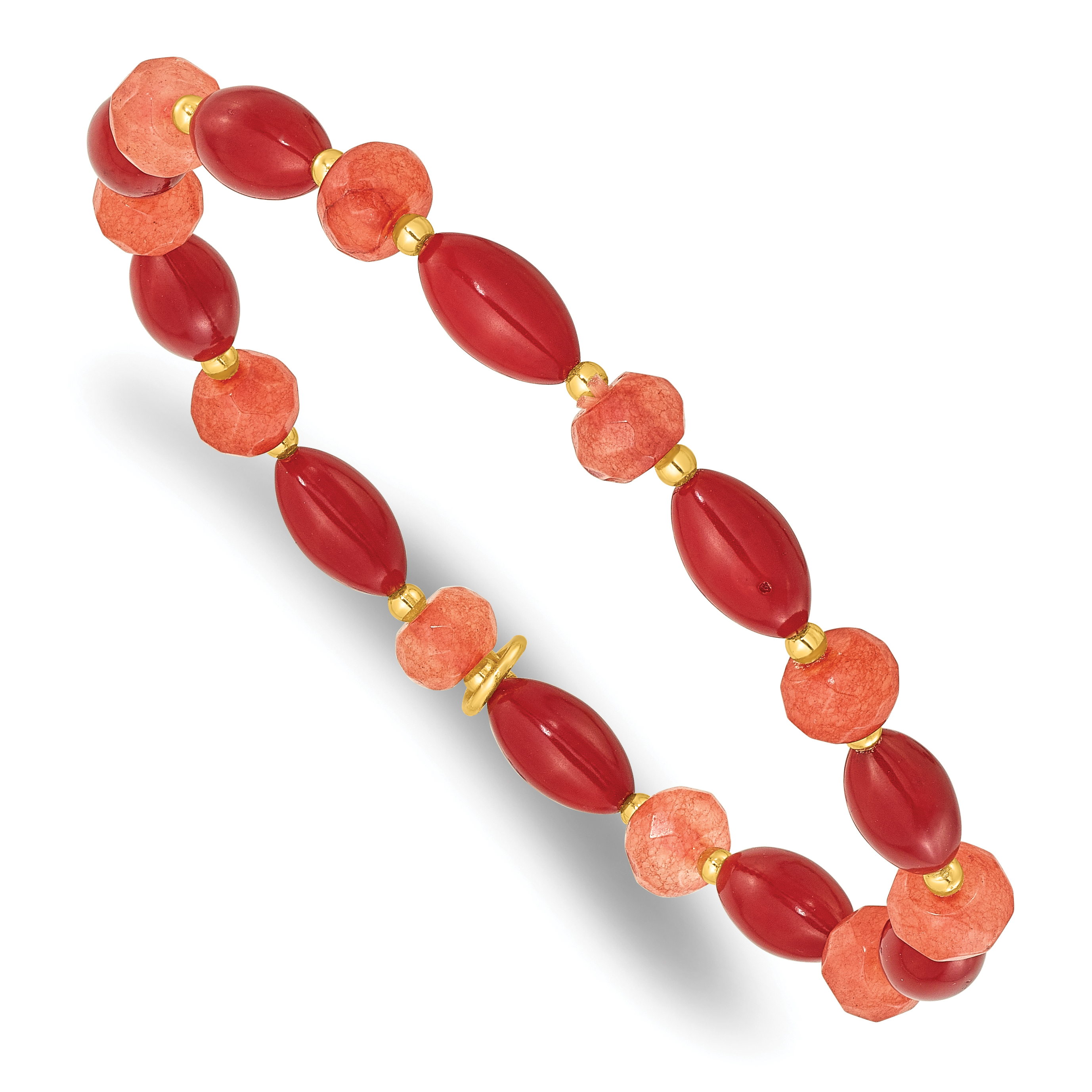 Sterling Silver Gold-plated Coral and Jade Beaded Stretch Bracelet (QH5685)