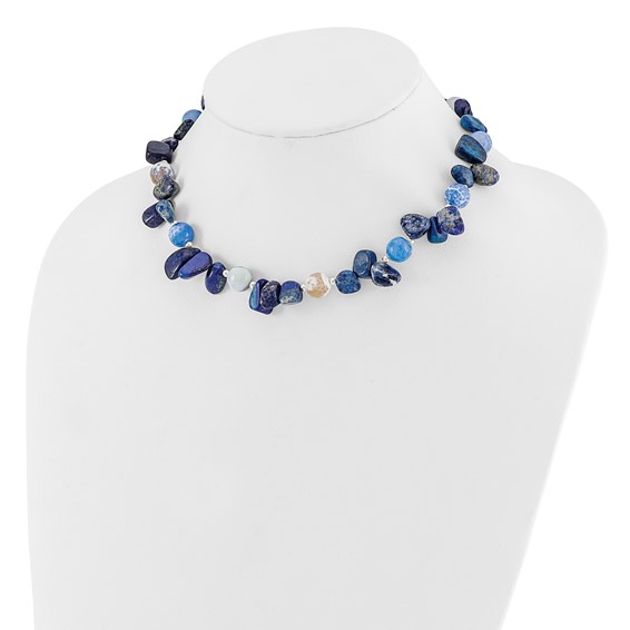 Sterling Silver Agate w/Shell, Lapis and Sodalite  w/2in ext Necklace