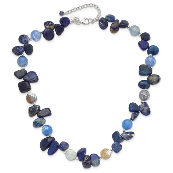 Sterling Silver Agate w/Shell, Lapis and Sodalite  w/2in ext Necklace