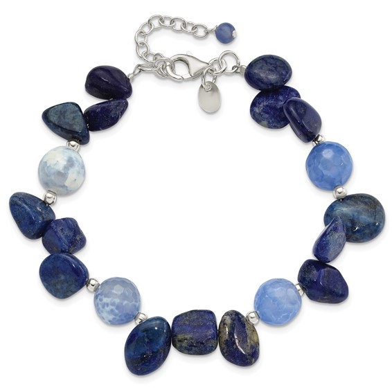 Sterling Silver Agate w/Shell, Lapis and Sodalite w/1in ext Bracelet