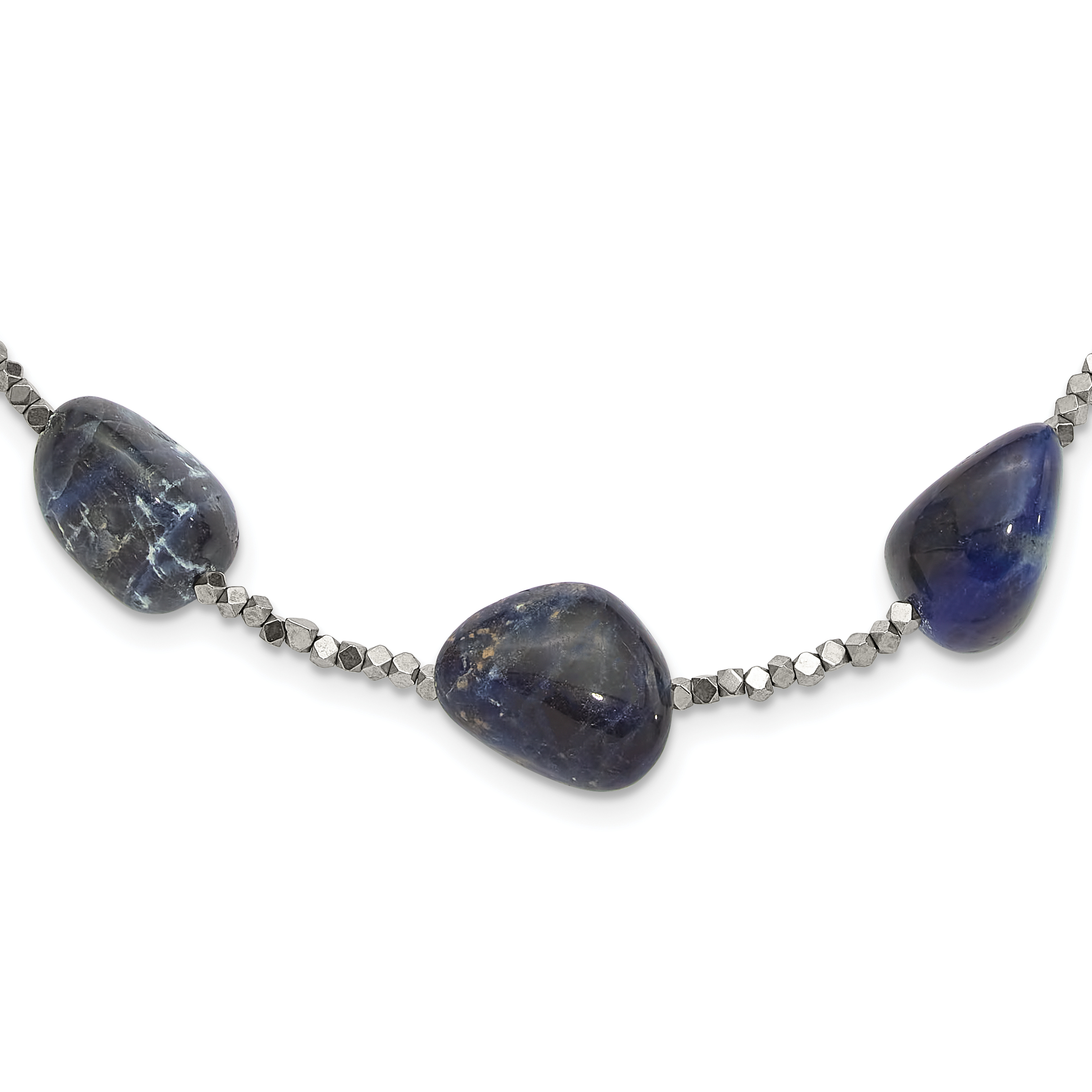 Sterling Silver Blue Quartz, Sodalite and Hematite 2in ext Necklace (QH5691-19)