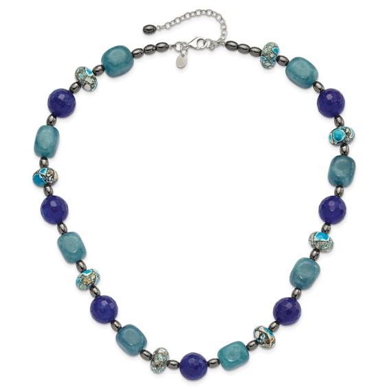 Sterling Silver Agate,Hematite,Quartz,Chip Composite 2in ext Necklace