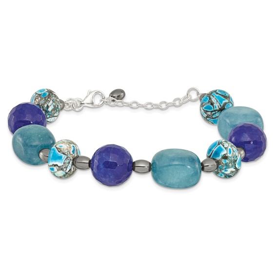 Sterling Silver Agate,Hematite,Quartz,Chip Composite 1in ext Bracelet