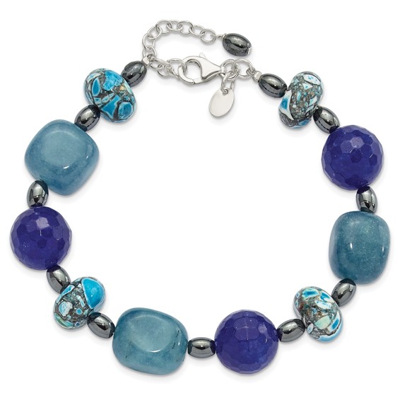 Sterling Silver Agate,Hematite,Quartz,Chip Composite 1in ext Bracelet