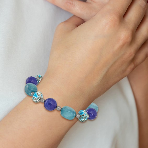 Sterling Silver Agate,Hematite,Quartz,Chip Composite 1in ext Bracelet