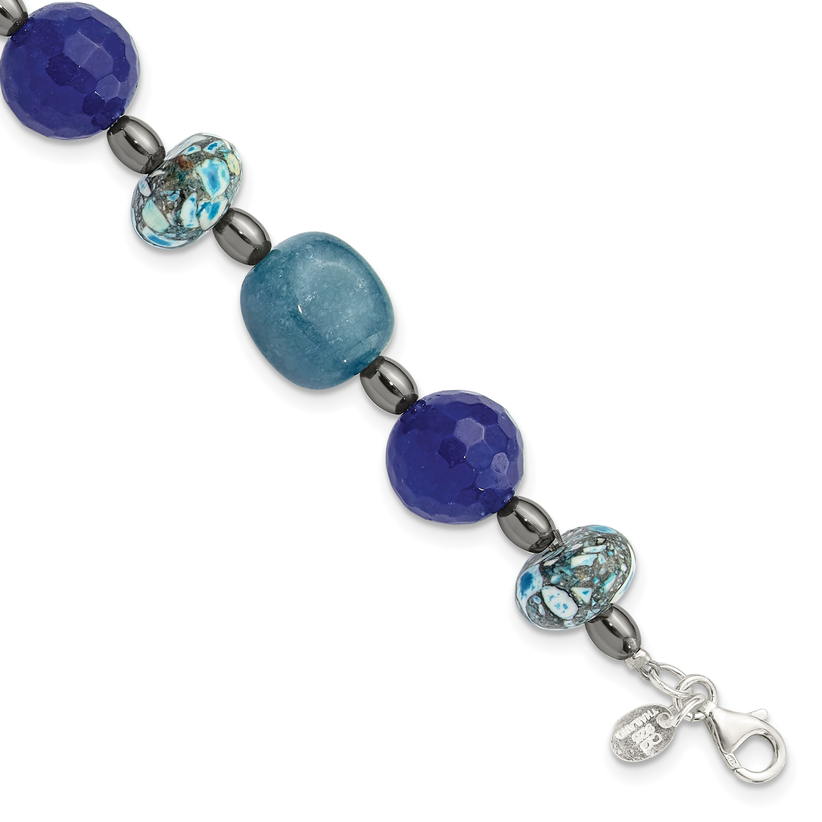 Sterling Silver Agate,Hematite,Quartz,Chip Composite 1in ext Bracelet (QH5692-8)