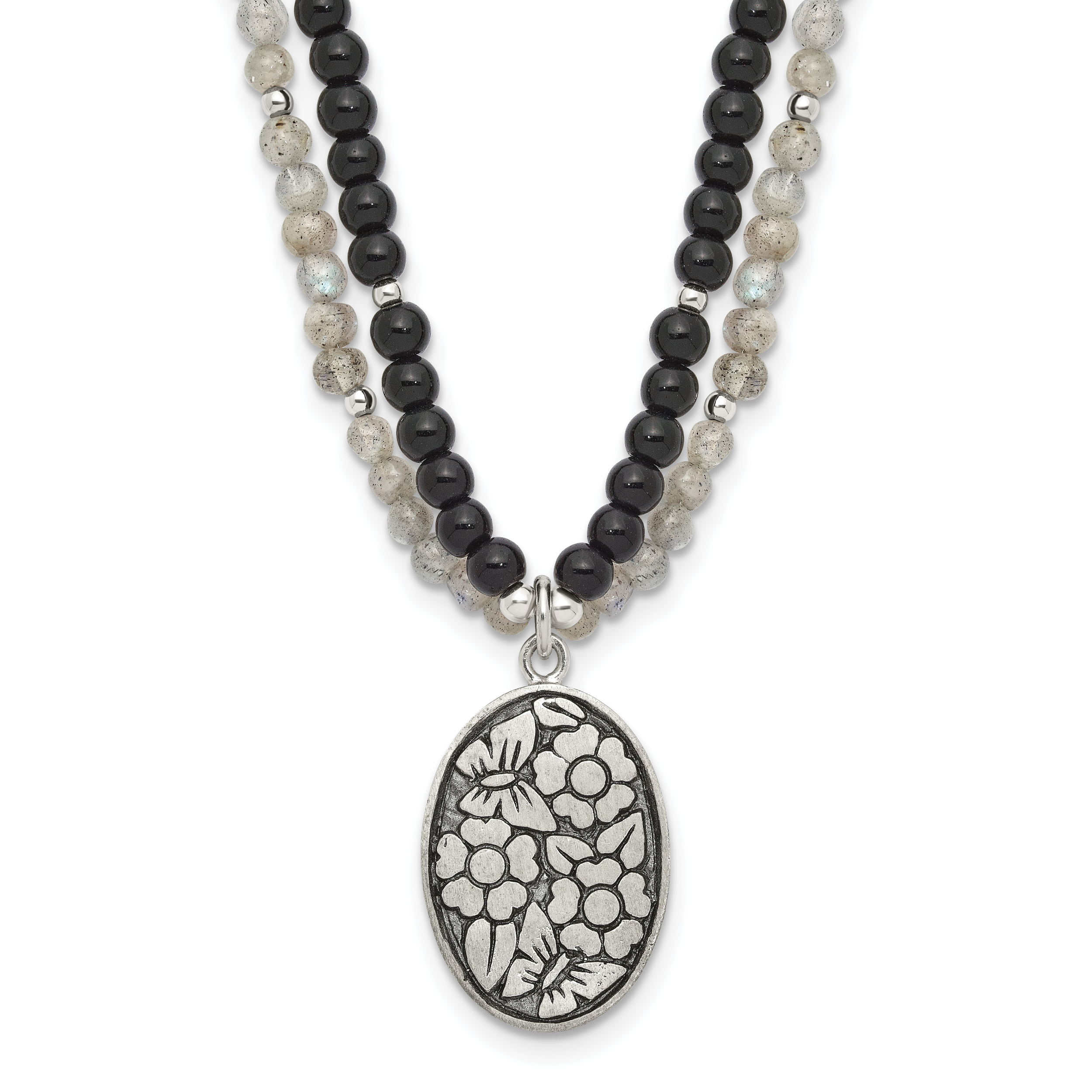 Sterling Silver Antiqued Agate,Labradorite,Quartz Flower 2in ext Necklac (QH5695-17)