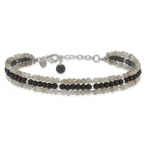 Sterling Silver Agate,Labradorite,Quartz 3-Strand 1in ext Bracelet
