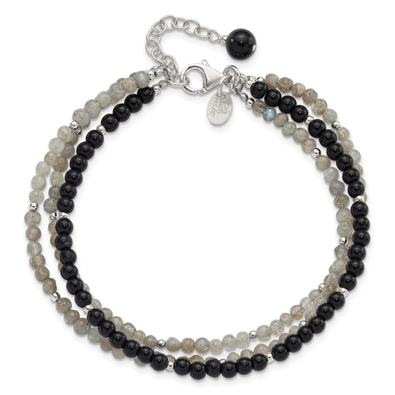 Sterling Silver Agate,Labradorite,Quartz 3-Strand 1in ext Bracelet