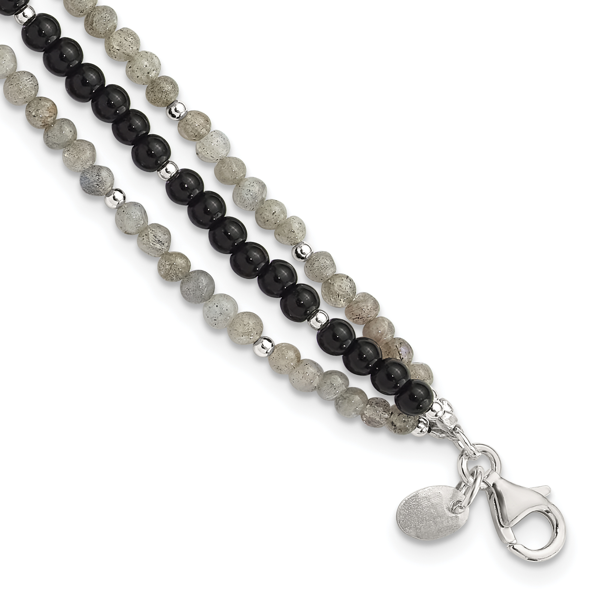 Sterling Silver Agate,Labradorite,Quartz 3-Strand 1in ext Bracelet (QH5695-7.5)