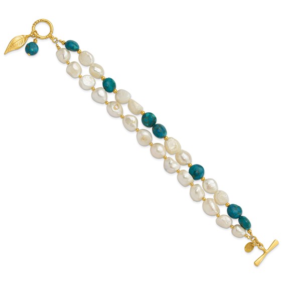 Sterling Silver Gold-plated FWC Pearl/Recon Zircon Toggle Bracelet