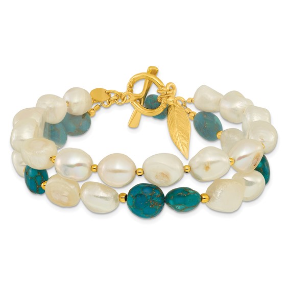 Sterling Silver Gold-plated FWC Pearl/Recon Zircon Toggle Bracelet