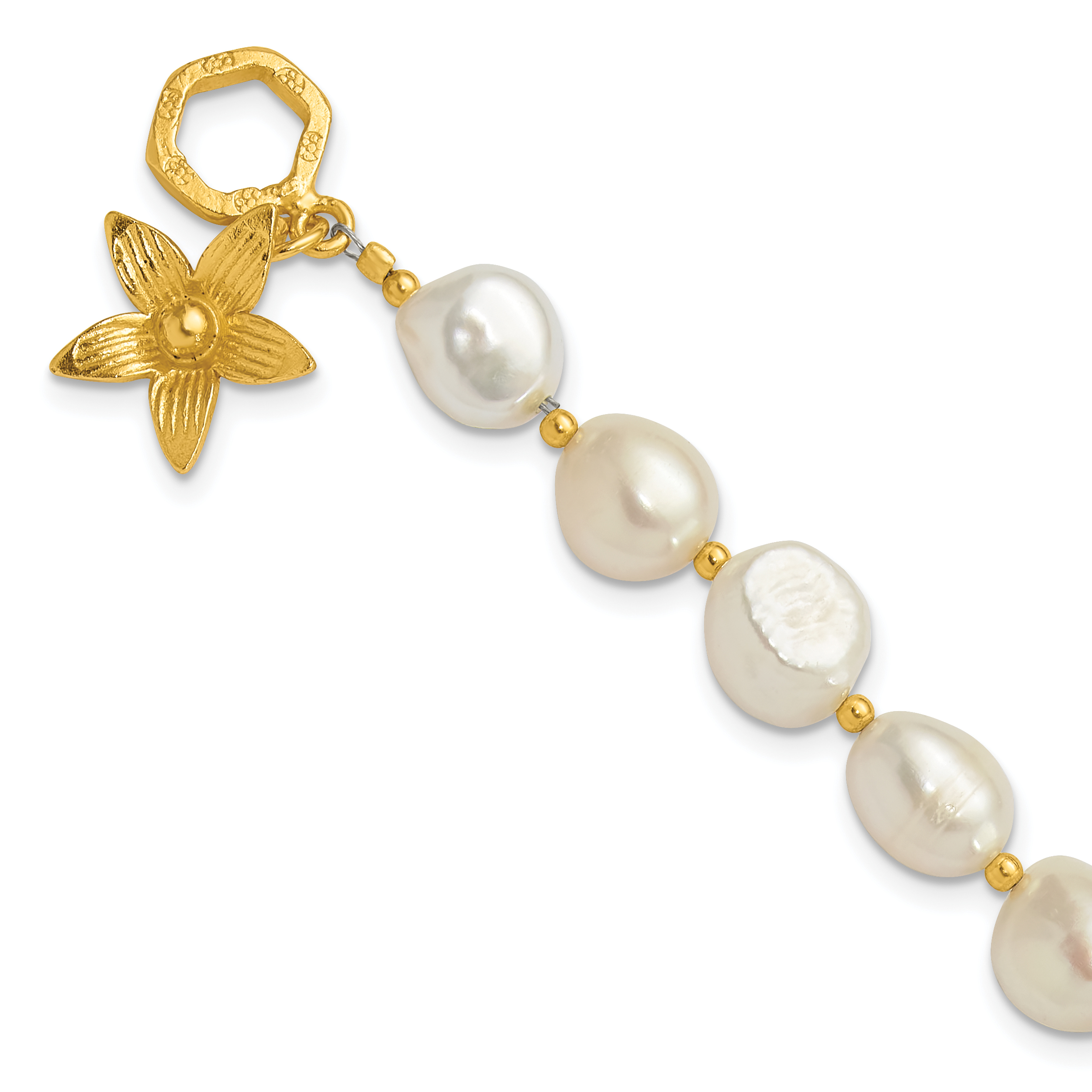Sterling Silver Gold-plated FWC Pearl Flower 7.5in Toggle Bracelet (QH5701-7.5)