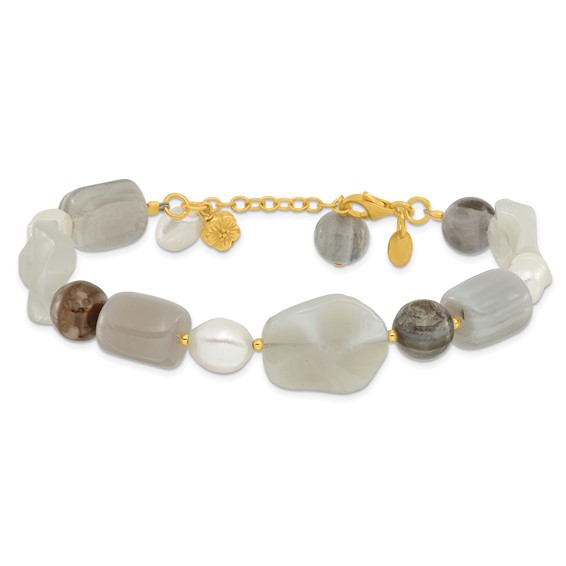Sterling Silver Gold-plated FWC Pearl/Agate/Sardonyx 1in ext Bracelet