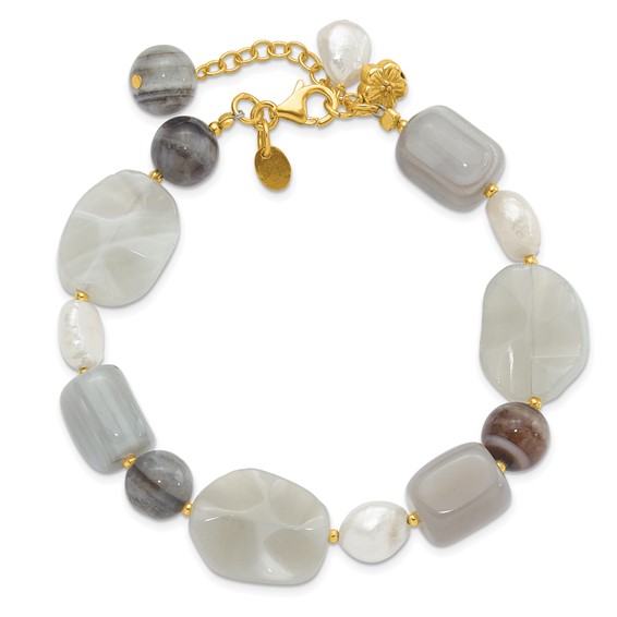 Sterling Silver Gold-plated FWC Pearl/Agate/Sardonyx 1in ext Bracelet