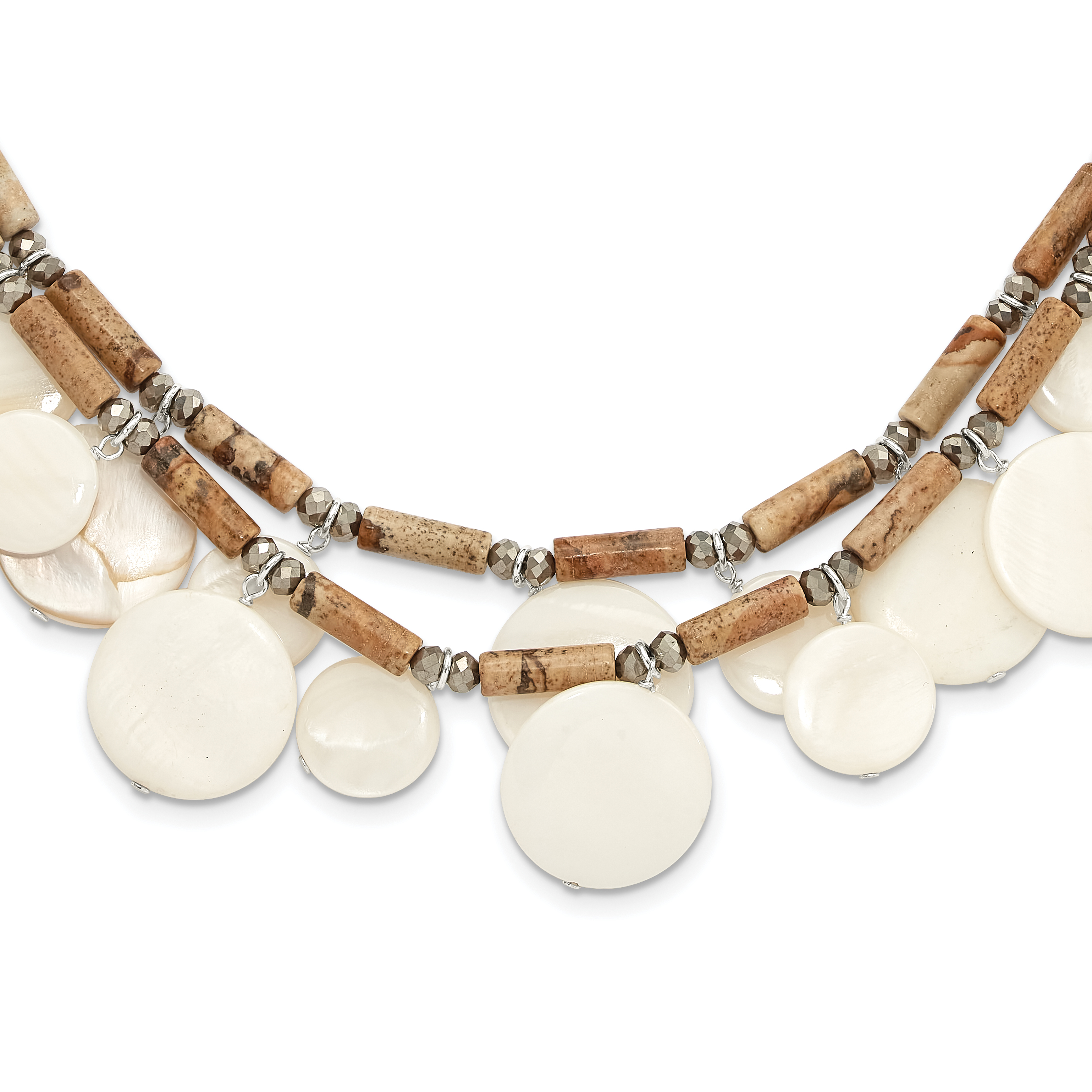 Sterling Silver Jasper, MOP, Crystal w/2in ext Necklace (QH5712-18.5)