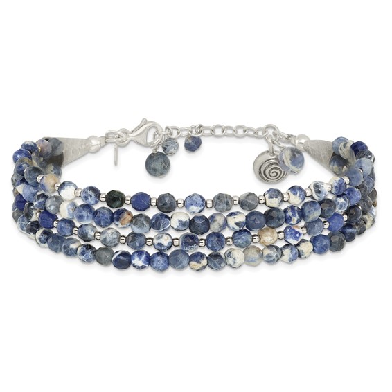 Sterling Silver Blue/White Sodalite Beaded 4-Strand 1in ext Bracelet