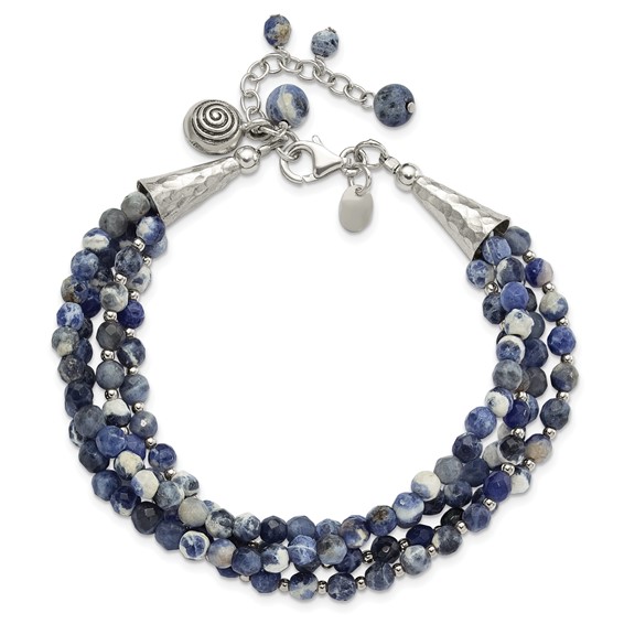 Sterling Silver Blue/White Sodalite Beaded 4-Strand 1in ext Bracelet