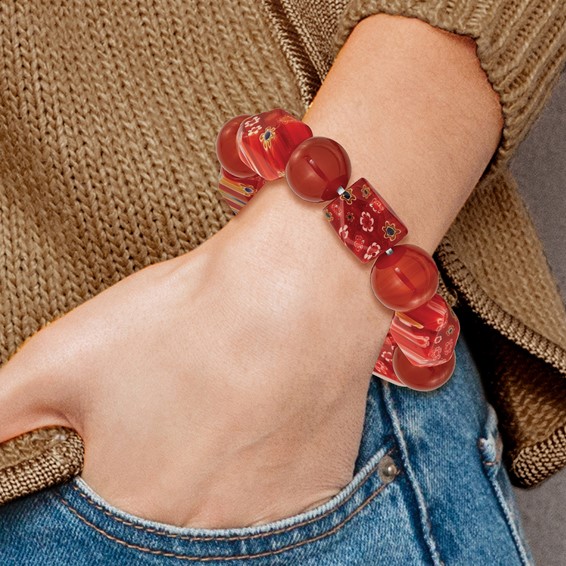 Carnelian and Kangsai Glass Beaded Stretch Bracelet