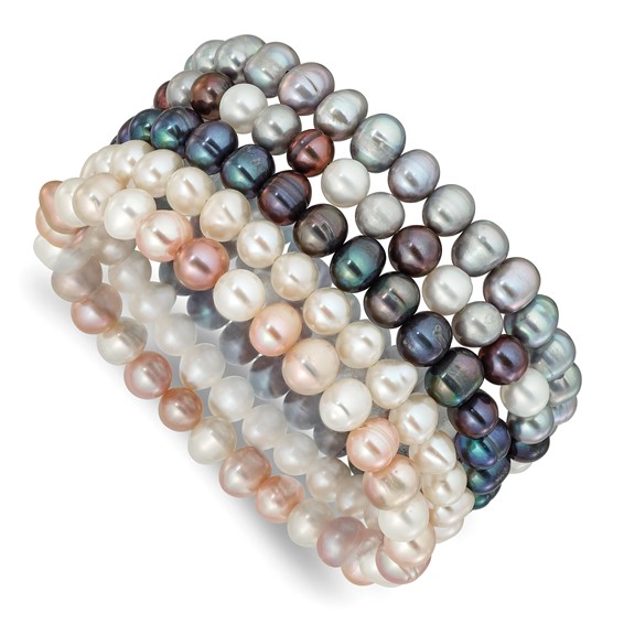 "6-7mm Grey, White, Black and Pink Semi-Round Freshwater Cultured Pearl 5-piece Stretch Bracelet Set  "
